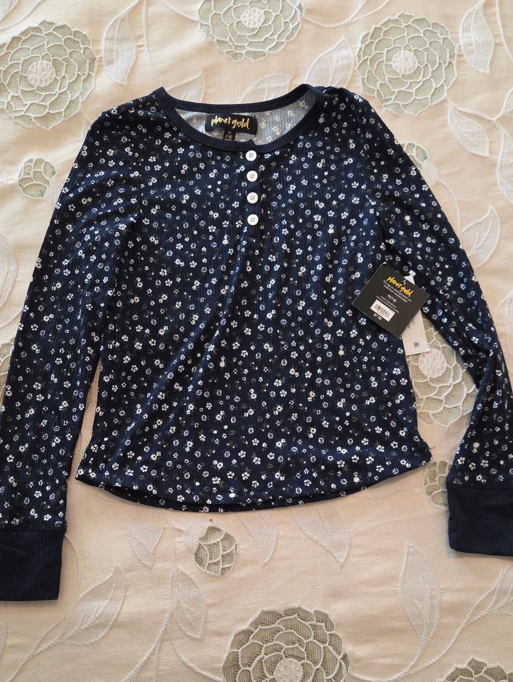 Planet Gold Navy Blue Floral Henley Long Sleeve Top